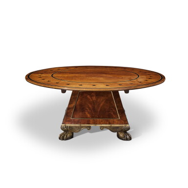 View full screen - View 1 of Lot 84. A Regency Revival Mahogany, Ebony and Brass-Inlaid Circular Extending Dining Table, Second Half 19th Century.