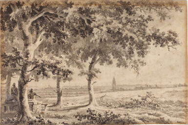 View full screen - View 1 of Lot 263. View towards Rhenen, from the Tafelberg, with three men sitting on a stone bench under a tree.