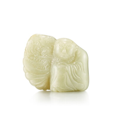 View full screen - View 1 of Lot 486. A celadon jade carving of a luohan, Qing dynasty, 18th - 19th century 清十八至十九世紀 青白玉羅漢.