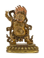 AN INSCRIBED GILT-BRONZE FIGURE OF VAJRAPANI AND A STAND QING DYNASTY, QIANLONG PERIOD | 清乾隆 鎏金銅金剛手菩薩立像及座 《大清乾隆年敬造》、《降臨嶽母》銘款