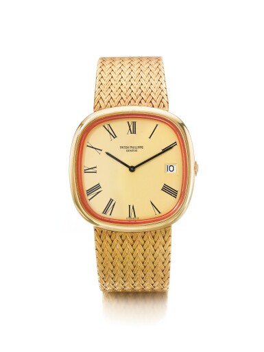 View full screen - View 1 of Lot 169. PATEK PHILIPPE | REF 3604-2, A YELLOW GOLD CUSHION FORM AUTOMATIC BRACELET WATCH WITH DATE MADE IN 1980.