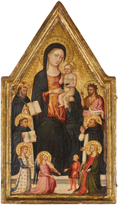View full screen - View 1 of Lot 1. The Virgin and Child with Saints Agnes, Thomas Aquinas, Dominic, Catherine of Alexandria, Peter Martyr and John the Baptist, with a music making angel and a donor.