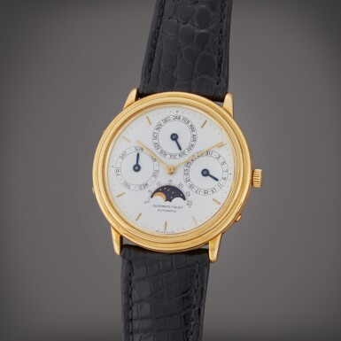 View full screen - View 1 of Lot 108. Quantième Perpetual | A yellow gold automatic perpetual calendar with moon phases, Circa 1990.