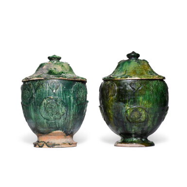 View full screen - View 1 of Lot 281. A pair of green-glazed pottery jars and covers, Probably Song dynasty.