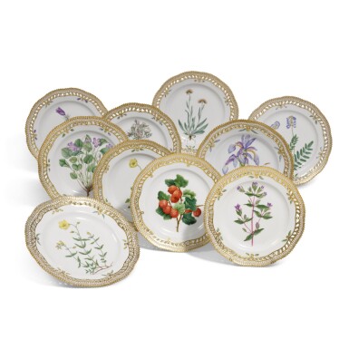 View full screen - View 1 of Lot 329. Seven Royal Copenhagen 'Flora Danica' reticulated dinner plates and three reticulated dessert plates, Modern.