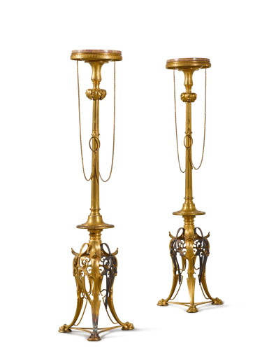 View full screen - View 1 of Lot 90. A PAIR OF 'NEO-GREC' GILT AND PATINATED BRONZE TORCHÈRE STANDS, ATTRIBUTED TO FERDINAND BARBEDIENNE, CIRCA 1870.