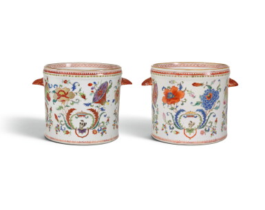 View full screen - View 1 of Lot 54. TWO FAMILLE-ROSE 'POMPADOUR' WINE COOLERS, QING DYNASTY, CIRCA 1740 | 清 約1740年 外銷粉彩花卉紋冰酒器一組兩件.