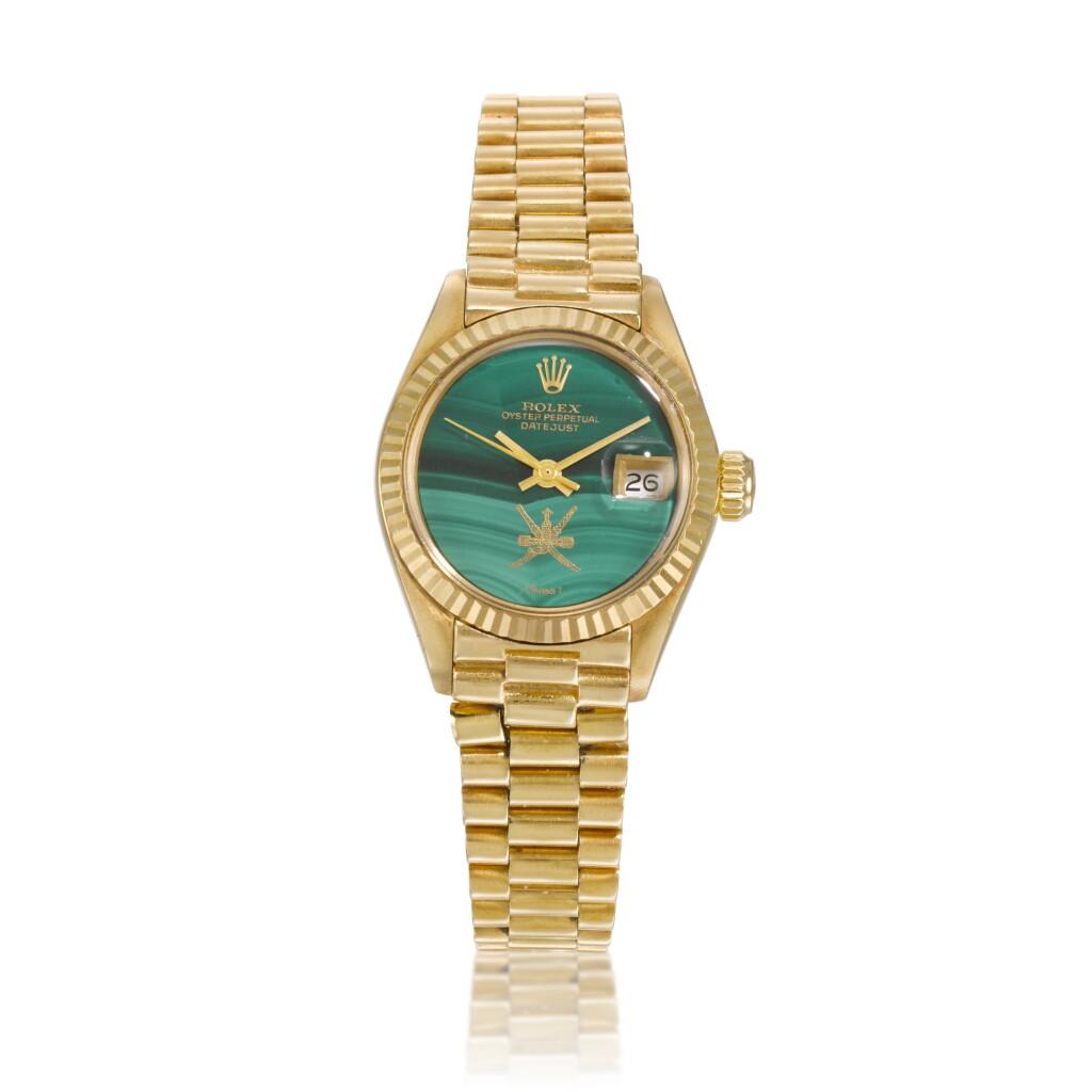 View full screen - View 1 of Lot 9. Lady Datejust with khanjar, Ref 6917 18k yellow gold and malachite wristwatch with bracelet Circa 1975.