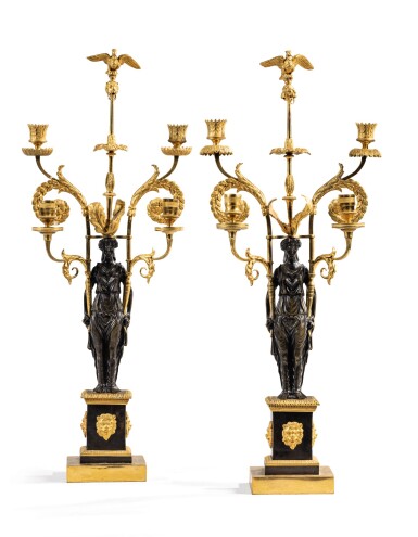View full screen - View 1 of Lot 224. A PAIR OF PATINATED AND GILT-BRONZE CANDELABRA, 19TH CENTURY | PAIRE DE CANDÉLABRES EN BRONZE PATINÉ ET DORÉ, XIXE SIÈCLE.