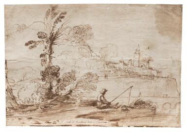 View full screen - View 1 of Lot 156. Landscape with trees, a river and a fisherman in the foreground, an arched bridge and a walled town in the middle distance.