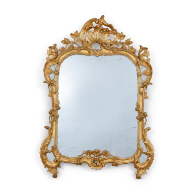 View full screen - View 1 of Lot 722. A LOUIS XV GILTWOOD MIRROR, MID-18TH CENTURY.