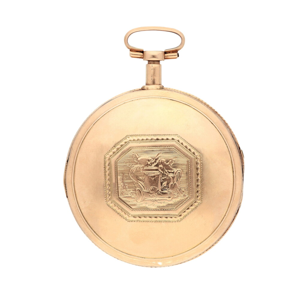 View full screen - View 1 of Lot 89. An unusual gold and enamel quarter repeating cylinder watch Circa 1790 .