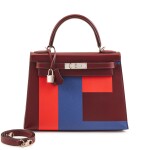 Limited Edition Bordeaux Sombrero, Capucine Epsom and Bleu Brighton Clémence Kellygraphie Lettre E Kelly 28 Sellier Palladium Hardware, 2018