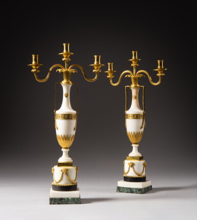 View full screen - View 1 of Lot 322. A pair of gilt-bronze and marble three-light candelabra, by Giuseppe Valadier, Rome, circa 1795 | Paire de candélabres en marbre et monture de bronze doré d'époque néoclassique, par Giuseppe Valadier, Rome, vers 1795.