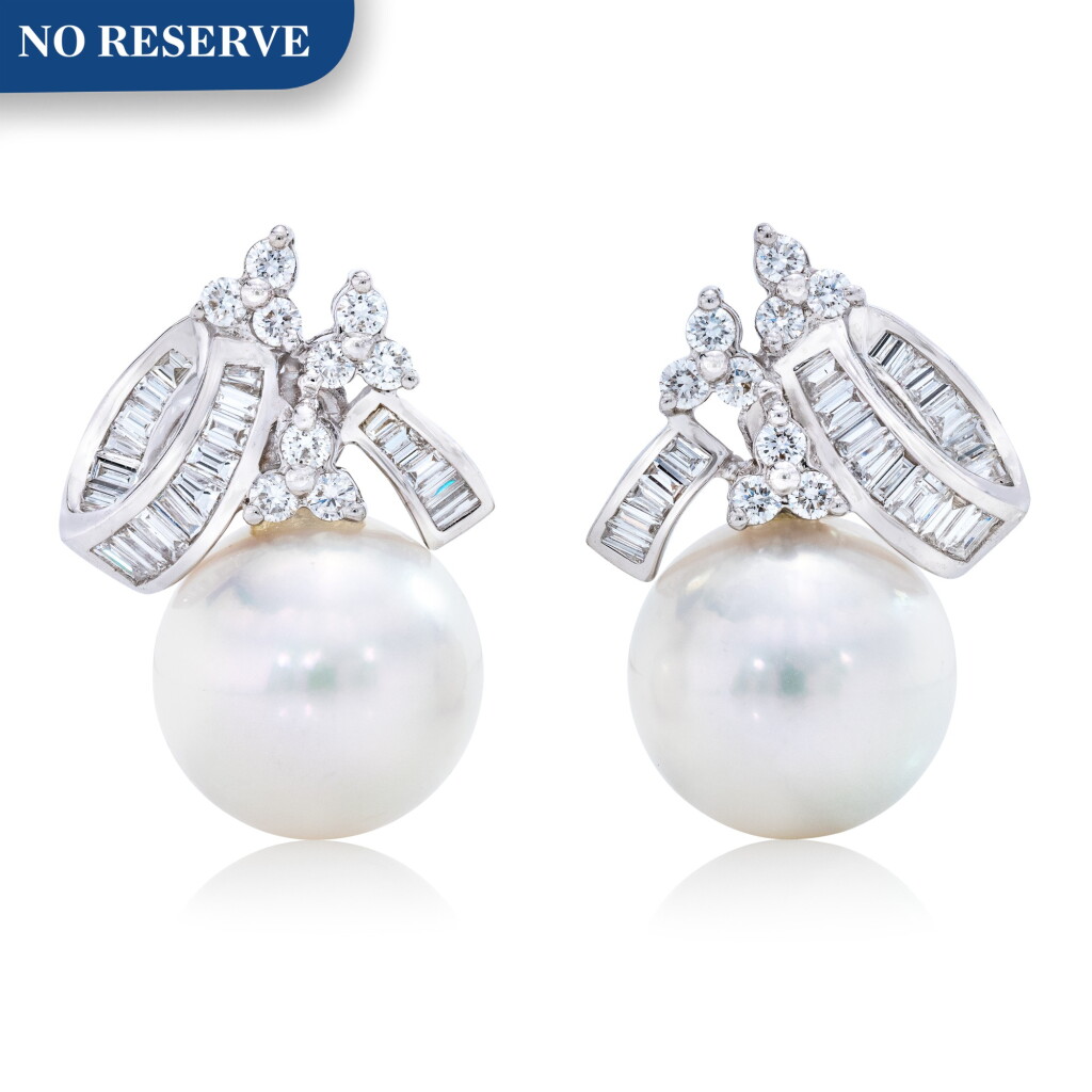 View full screen - View 1 of Lot 62. Pair of Cultured Pearl and Diamond Earrings.