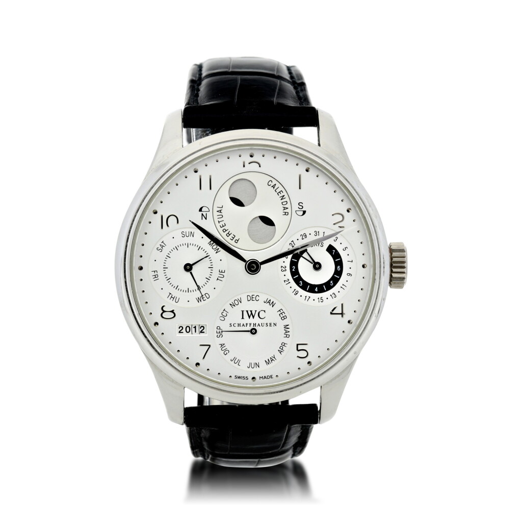 View full screen - View 1 of Lot 96. REFERENCE 5021-09 PORTUGUESE A LIMITED EDITION PLATINUM AUTOMATIC PERPETUAL CALENDAR WRISTWATCH WITH MOON PHASES, CIRCA 2003.