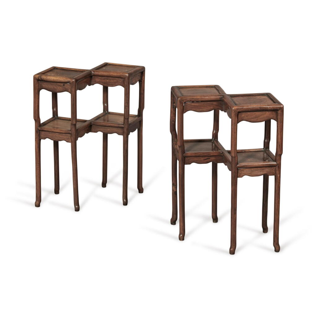 View full screen - View 1 of Lot 741. A pair of 'hongmu' double-lozenge-form stands (Xiangji), Qing dynasty, 19th century | 清十九世紀 紅木方勝式香几一對.