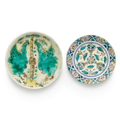 View full screen - View 1 of Lot 78. Two Kütahya polychrome pottery saucers, Turkey, 18th century.