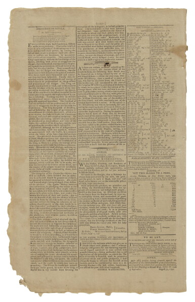 View full screen - View 1 of Lot 106. WASHINGTON, GEORGE, & MOSES SEIXAS | Exchange of letters between George Washington and Moses Seixas in the Gazette of the United States, Vol. II, No. 44 (Whole No. 148). New York: Published by John Fenno, Saturday, September 11, 1790.