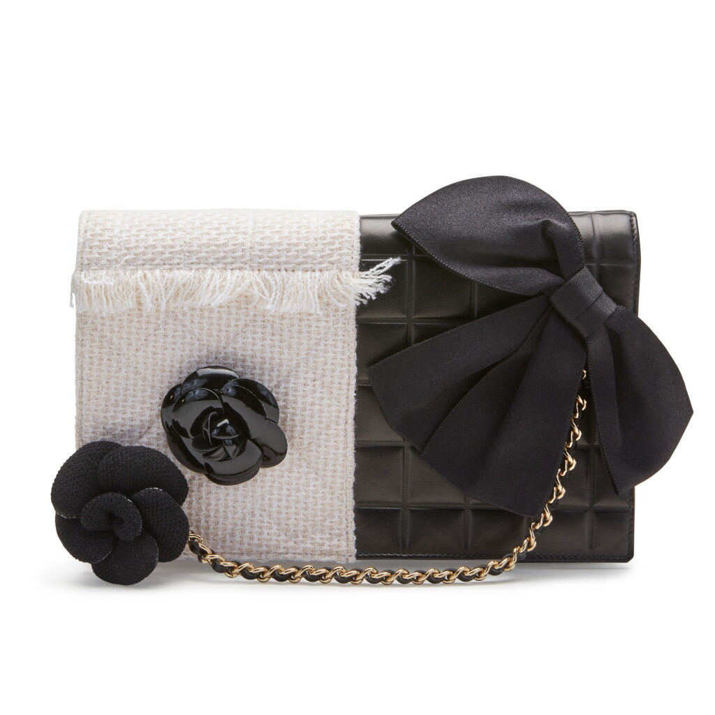 View full screen - View 1 of Lot 150. White Tweed and Black Lambskin Trifold Chocolate Bar Clutch Gold Hardware, 1990's/2000's.