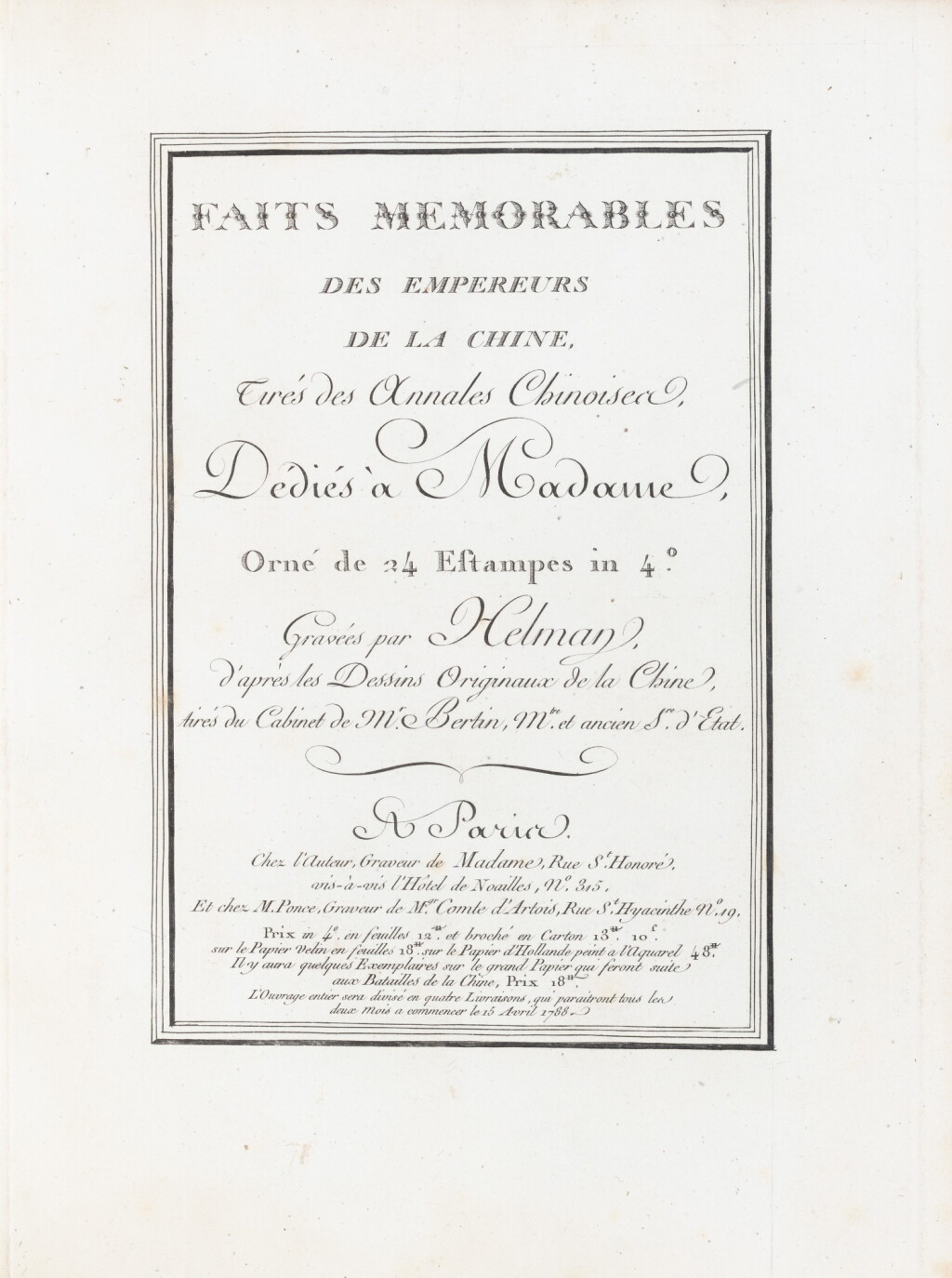 View full screen - View 1 of Lot 32. Faits mémorables des empereurs de la Chine. Paris, 1788. Veau de l'ép. Belle suite gravée..