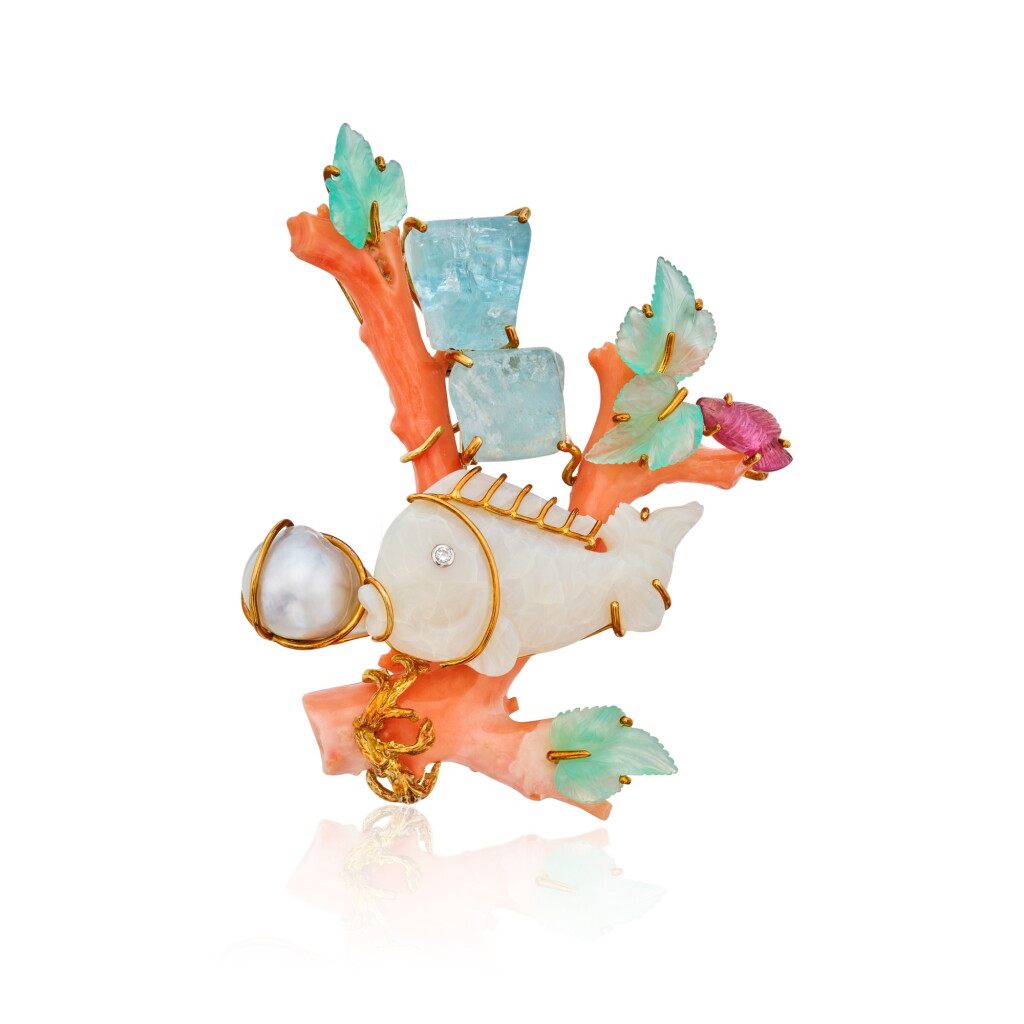 View full screen - View 1 of Lot 296. Coral, Cultured Pearl and Gem-Set Clip-Brooch.