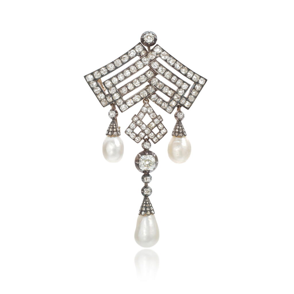 View full screen - View 1 of Lot 1032. Fine and Historical natural pearl and diamond brooch, circa 1865.