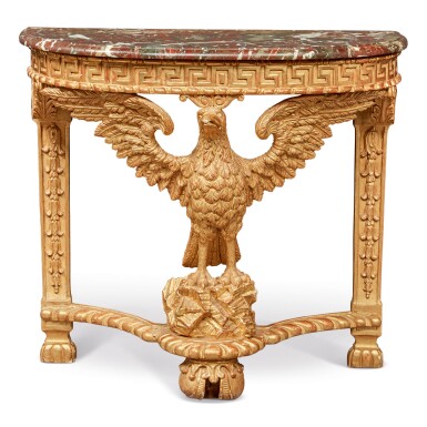 View full screen - View 1 of Lot 104. A GEORGE II GILTWOOD CONSOLE TABLE, LATE 19TH/EARLY 20TH CENTURY, INCORPORATING EARLIER ELEMENTS.