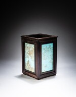 A zitan square brushpot inset with gilt-decorated 'dragon' porcelain plaques, Qing dynasty | 清 紫檀嵌描金龍紋瓷板筆筒