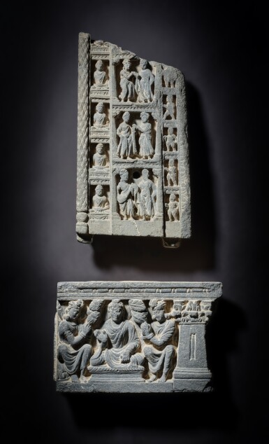 View full screen - View 1 of Lot 172. Two gray schist panels depicting Buddhist scenes, Ancient Region of Gandhara, 3rd - 5th century.
