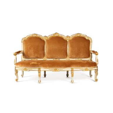 View full screen - View 1 of Lot 677. A set of Louis XVI style parcel-gilt and painted wood seat furniture 'à chassis'.