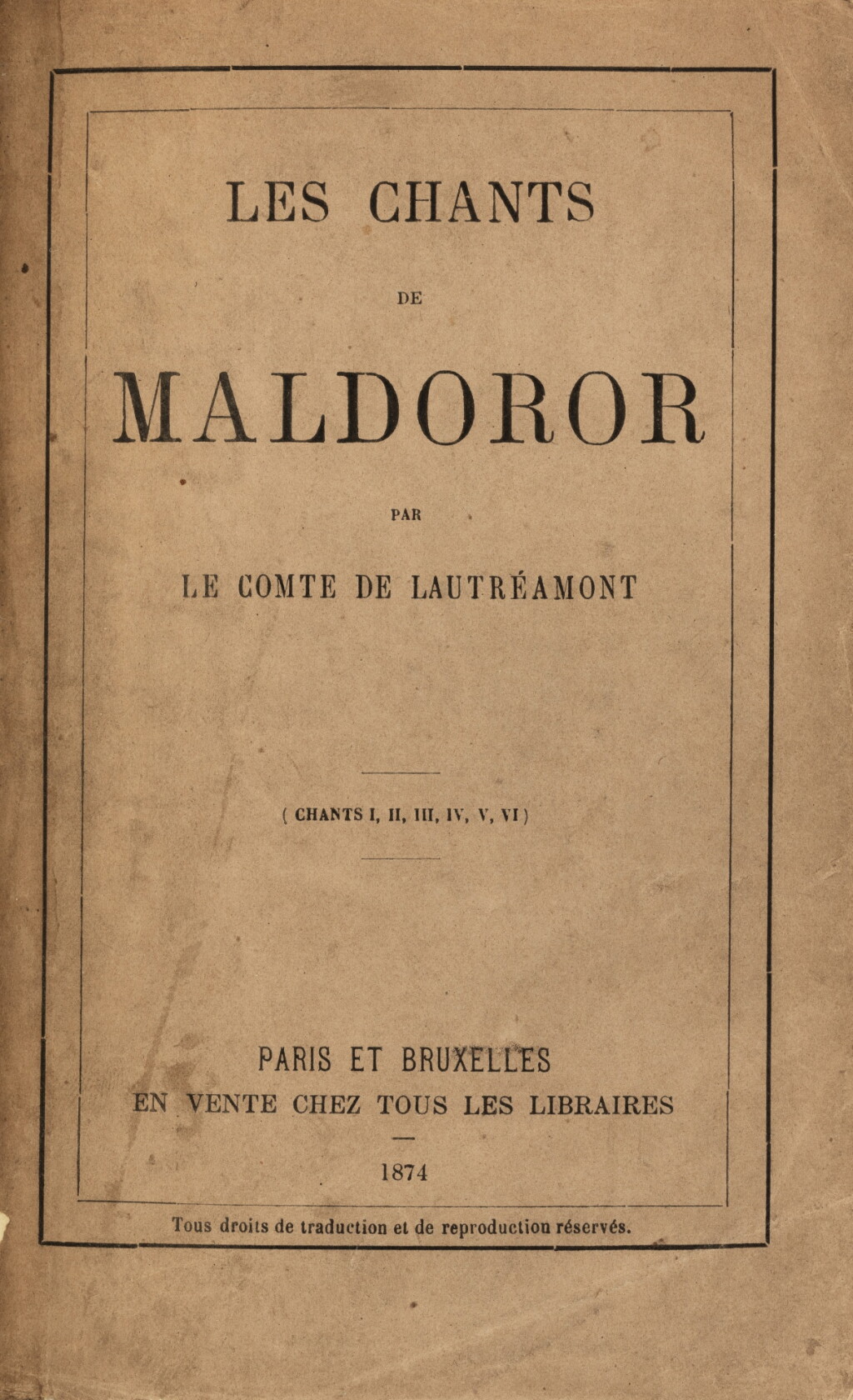 View full screen - View 1 of Lot 128. Les Chants de Maldoror. Paris et Bruxelles, 1874. Édition originale, remise en vente à la date de 1874. Reliure de Trinckvel..