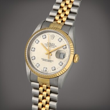 View full screen - View 1 of Lot 35. Datejust, Reference 16233 | A stainless steel and yellow gold wristwatch with date, diamond-set indexes and bracelet | Circa 1997.