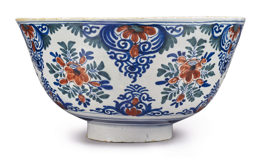 View full screen - View 1 of Lot 1122. A LARGE ENGLISH DELFTWARE POLYHCROME PUNCH BOWL MID-18TH CENTURY.