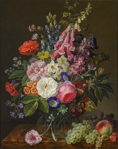 View full screen - View 1 of Lot 87. Still life with Rose, Foxgloves, Grapes and Peach.
