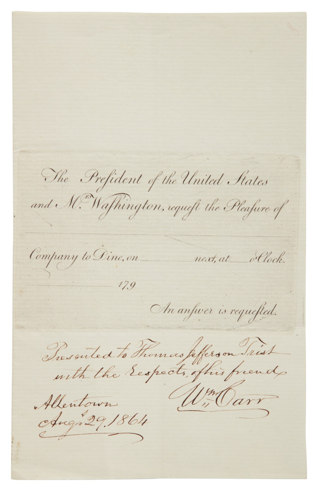 View full screen - View 1 of Lot 243. Washington, George | A nineteenth-century printing of Washington's presidential invitation.