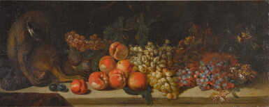 View full screen - View 1 of Lot 158. Still life with a monkey on a table laden with grapes, peaches and figs.