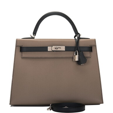 View full screen - View 1 of Lot 39. Hermès Special Order Etoupe and Black Epsom Sellier Kelly 32cm Palladium Hardware.