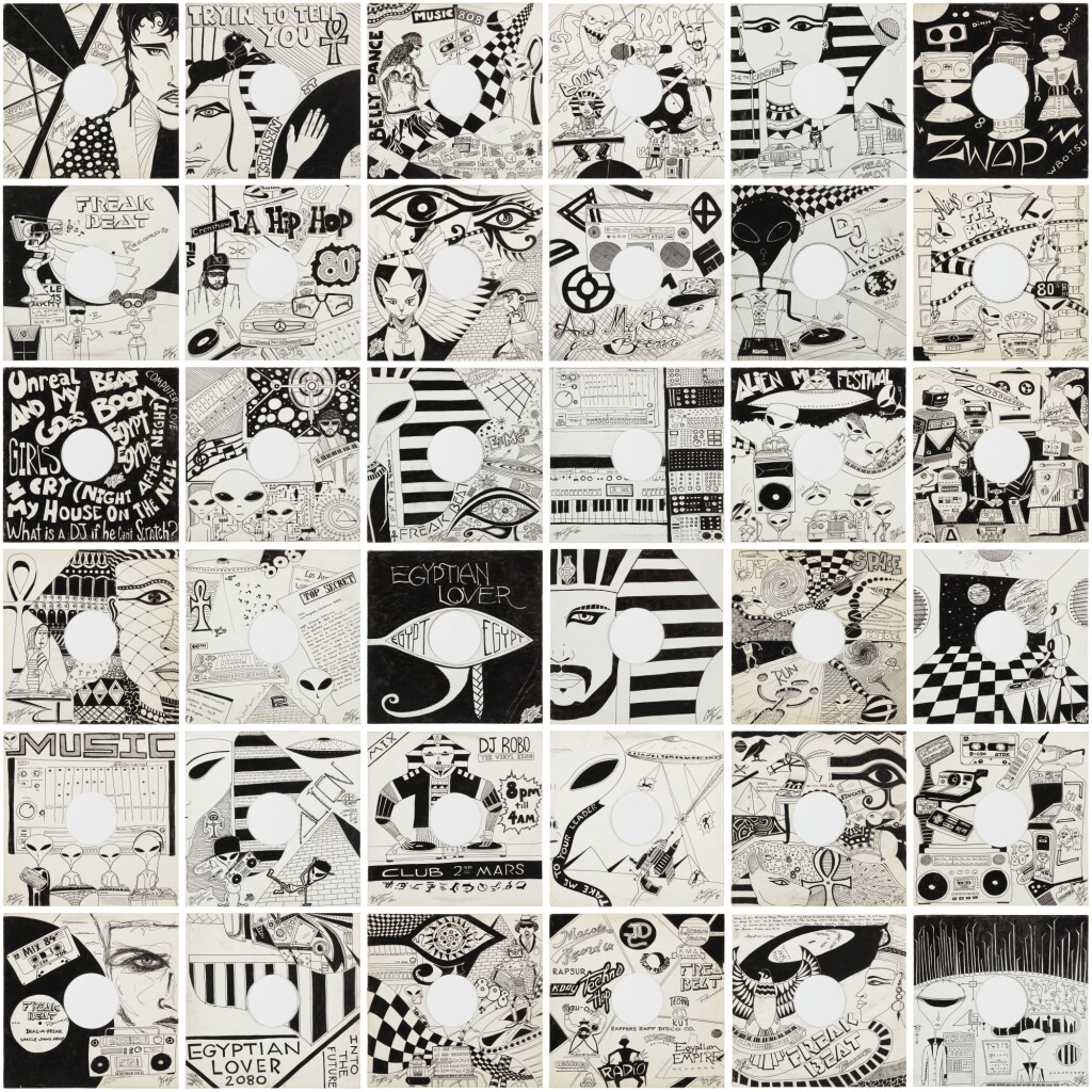 View full screen - View 1 of Lot 94. EGYPTIAN LOVER | Untitled installation of 36 original pen-and-ink drawings on LP sleeves, various dates..