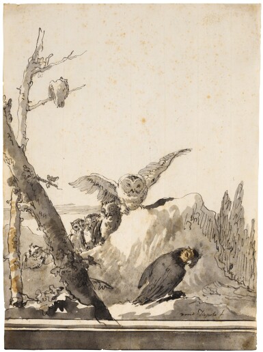 View full screen - View 1 of Lot 50. GIOVANNI DOMENICO TIEPOLO | OWLS ON A ROCKY PERCH.