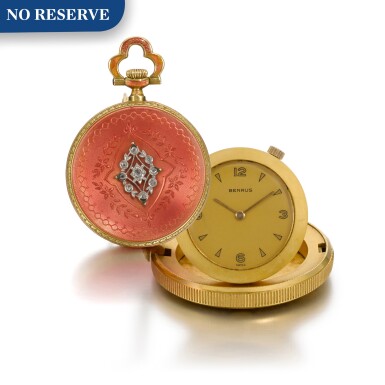 View full screen - View 1 of Lot 265. E. GÜBELIN, LUCERNE | A LADY'S GOLD, DIAMOND AND ENAMEL KEYLESS PENDANT WATCH TOGETHER WITH A GOLD COIN WATCH CIRCA 1910 AND 1960.