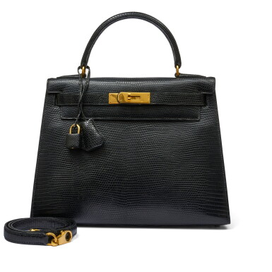 View full screen - View 1 of Lot 111. Vintage Black Shiny Lizard Kelly 28 Sellier Gold Hardware, 1993.