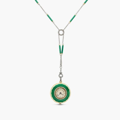 View full screen - View 1 of Lot 2108. A yellow gold, green enamel and diamond-set openface keyless lever pendant watch with matching gold, enamel, pearl and diamond chain, Circa 1910.