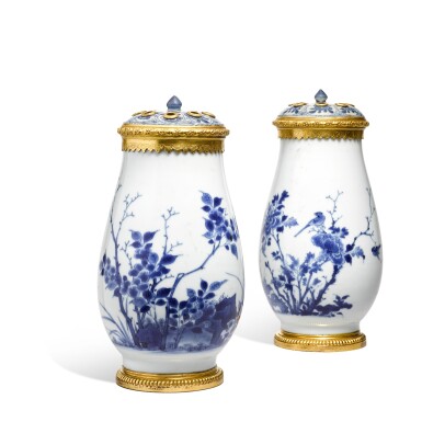 View full screen - View 1 of Lot 55. A pair of gilt-bronze mounted Chinese blue and white porcelain vases, the porcelain mid-17th century, the mounts probably second half 18th century.