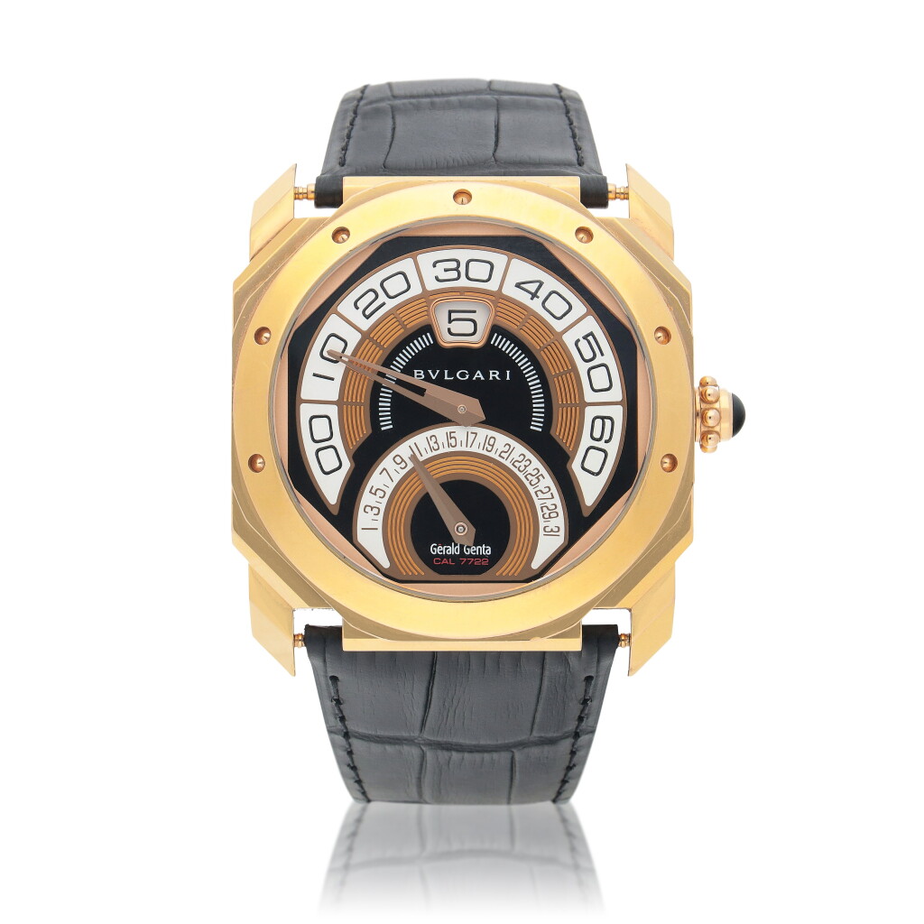 View full screen - View 1 of Lot 526. Gérald Genta Octo Bi-retro, Ref. BGOP43BGLDBR Pink gold jumping hours wristwatch with retrograde minutes and date Circa 2010.