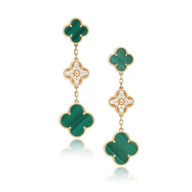 View full screen - View 1 of Lot 902. Pair of malachite and diamond pendent earrings, 'Magic Alhambra'.