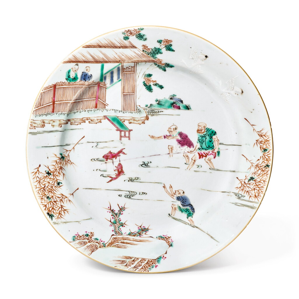 View full screen - View 1 of Lot 455. A Chinese Export Famille-rose 'Fishermen' Plate, Qing Dynasty, Yongzheng Period, circa 1735 | 清雍正 約1735年 粉彩漁人圖盤.