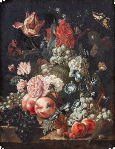 View full screen - View 1 of Lot 647. Still life with fruits and flowers, butterflies and a squirrel.