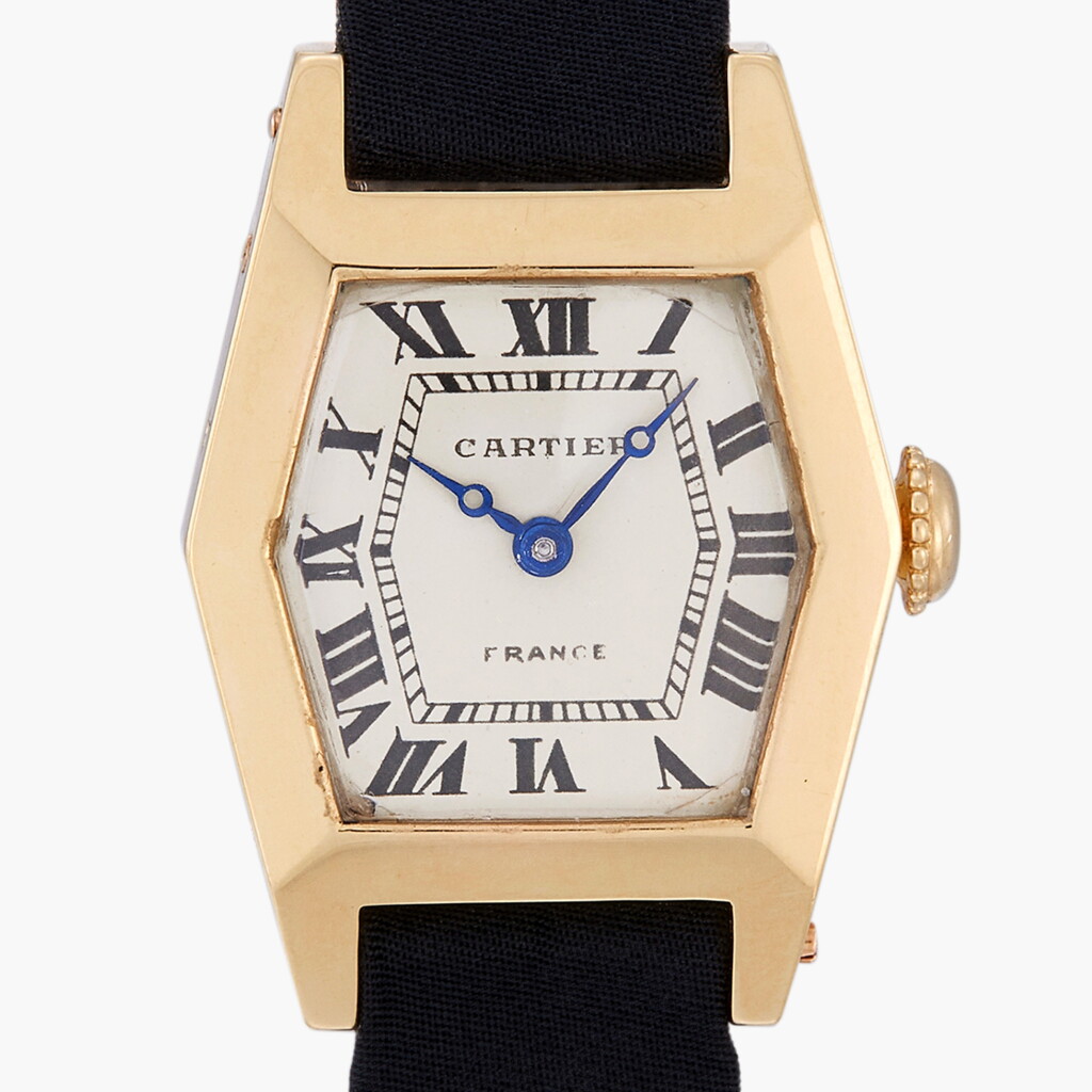 View full screen - View 1 of Lot 119. Hexagon | A yellow gold hexagonally shaped wristwatch with a gold deployant buckle | Circa 1947.