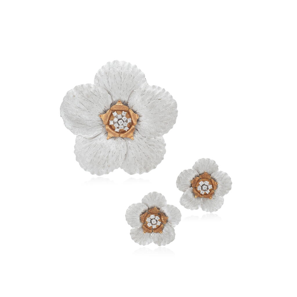 View full screen - View 1 of Lot 906. Gold and diamond demi-parure.